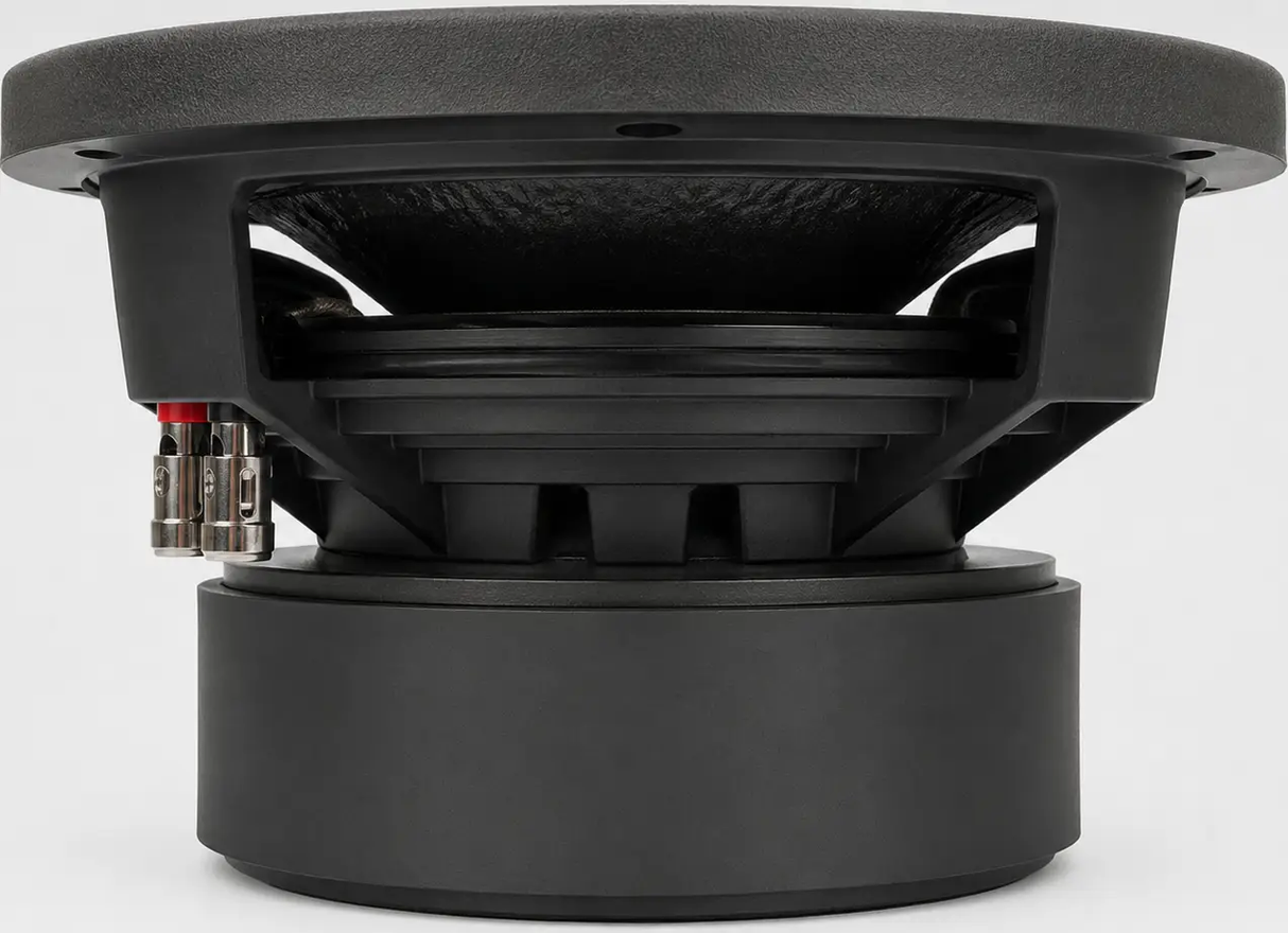 A close-up side view of the Elite Sounds 10″ 1250 Watt Dual 4 Ohm Bagger Subwoofer, highlighting its black frame, magnet, and red/black wiring terminals against a plain light background.