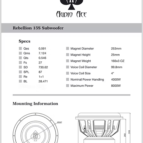 Audio Ace Rebellion Series 15" Subwoofer Dual 1 Ohm