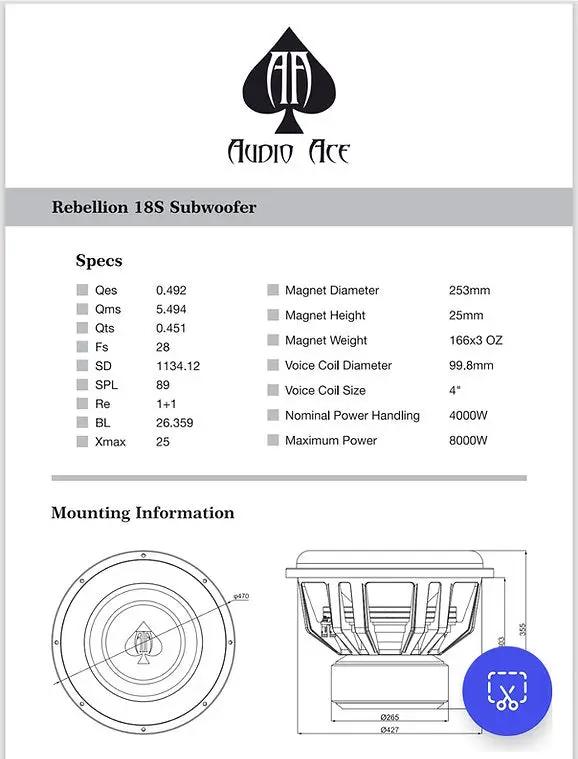 Audio Ace Audio Ace Rebellion Series 18" Subwoofer Dual 1 Ohm - Car Audio