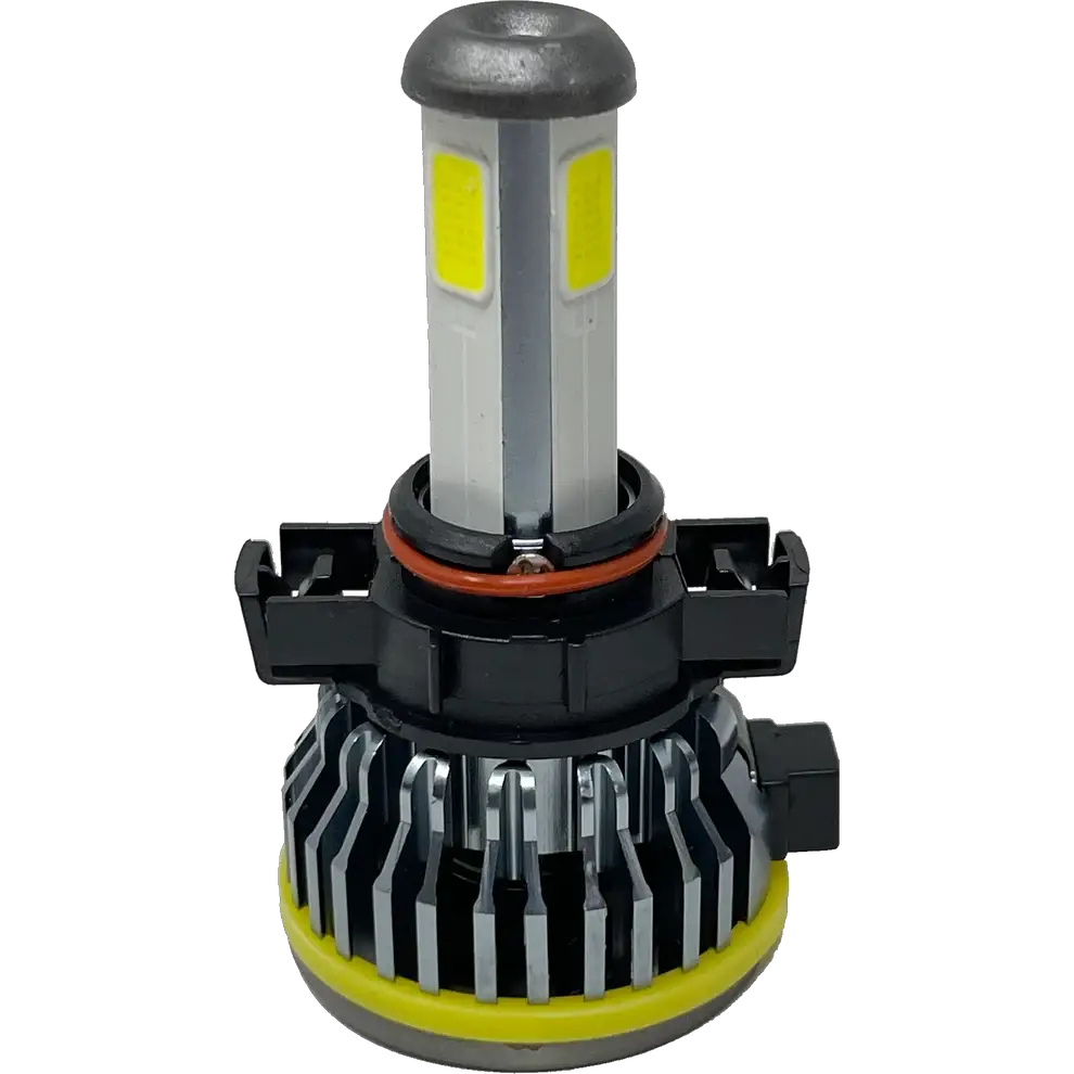 A close-up of a Lumi LUMI Stage 1 5202 LED Headlight Bulb featuring a metal heatsink, yellow accents, and a black plastic connector on a plain white background. This 40 Watt, 6000K LED CANBUS bulb ensures optimal brightness and compatibility with modern vehicles.