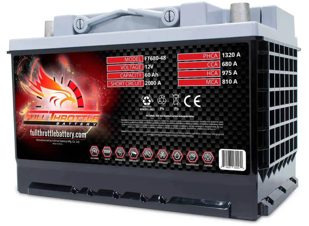Full Throttle Full Throttle Battery FT680-48 FT-Series AGM 12 V Battery, Group: 48/L3/H6, 680 CCA, 60 AH, Brass SAE Terminal RHP - Car Audio