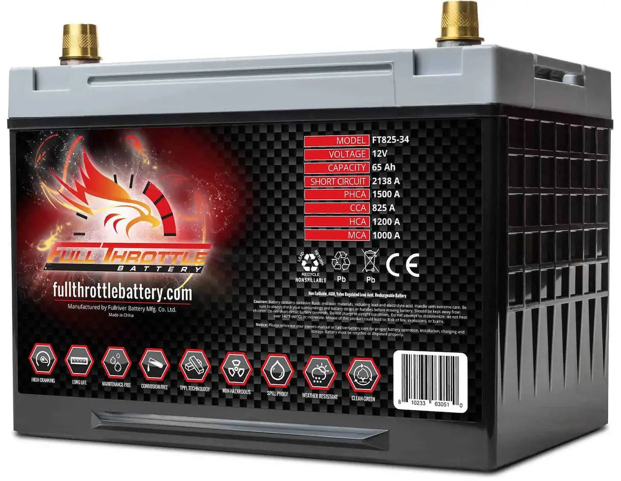 Full Throttle Full Throttle Battery FT825-34 FT-Series AGM 12 V Battery, Group: 34, 825 CCA, 65 AH, Brass SAE Terminal - LHP - Car Audio