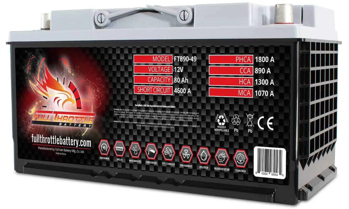 Full Throttle Battery FT890-49 FT-Series AGM 12 V Battery, Group: 49/L5/H8, 890 CCA, 80 AH, Brass SAE Terminal RHP