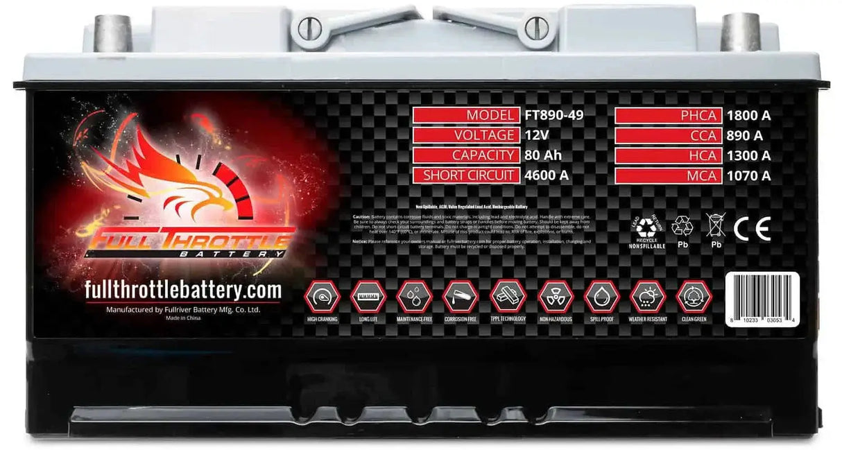 Full Throttle Full Throttle Battery FT890-49 FT-Series AGM 12 V Battery, Group: 49/L5/H8, 890 CCA, 80 AH, Brass SAE Terminal RHP - Car Audio