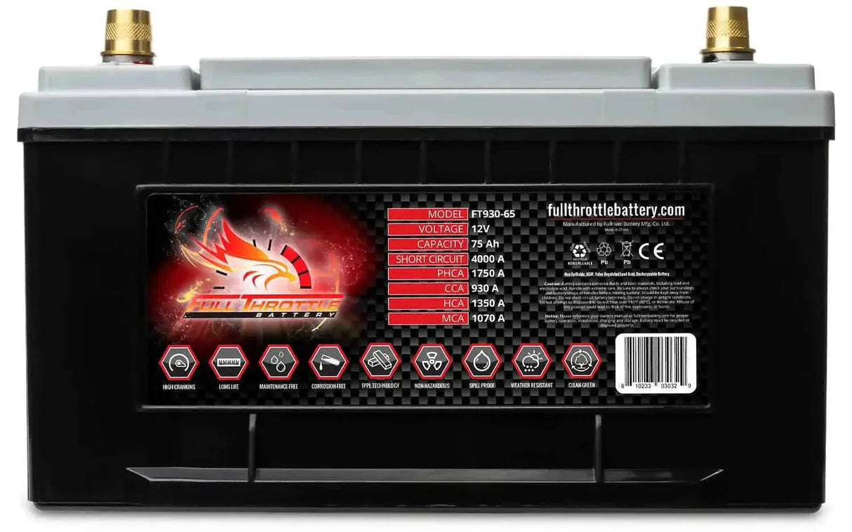 Full Throttle Full Throttle Battery FT930-65 FT-Series AGM 12 V Battery, Group: 65, 930 CCA, 75 AH, Brass SAE Terminal - LHP - Car Audio