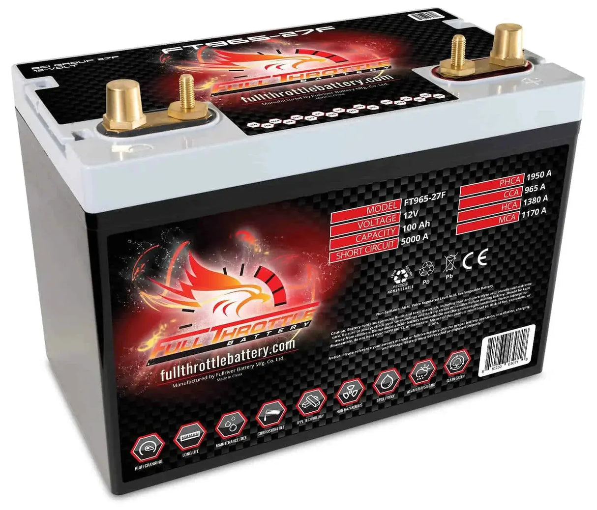 Full Throttle Full Throttle Battery FT965-27F FT-Series AGM 12 V Battery, Group: 27F, 965 CCA, 100 AH, Brass SAE & Stud Terminal - Car Audio