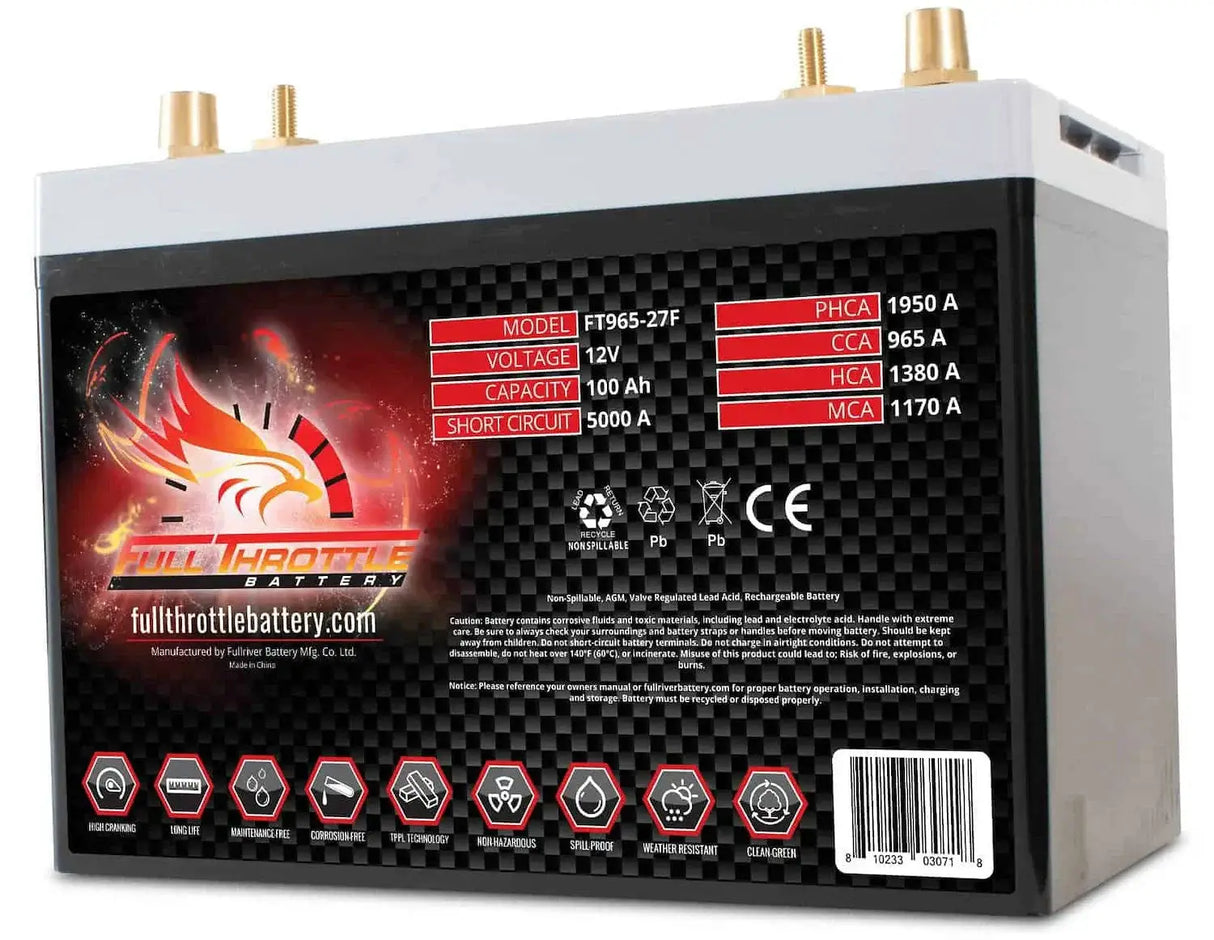 Full Throttle Full Throttle Battery FT965-27F FT-Series AGM 12 V Battery, Group: 27F, 965 CCA, 100 AH, Brass SAE & Stud Terminal - Car Audio