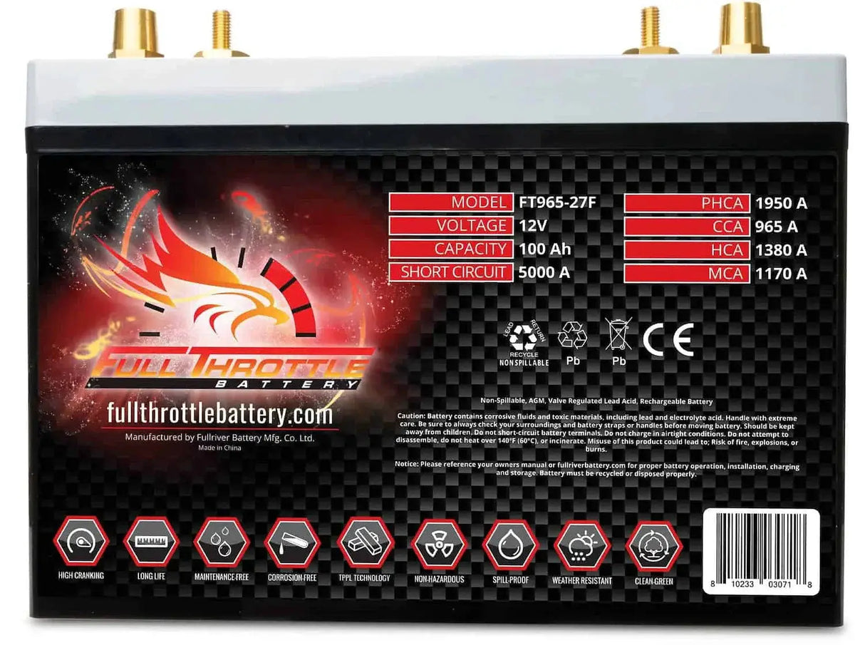 Full Throttle Full Throttle Battery FT965-27F FT-Series AGM 12 V Battery, Group: 27F, 965 CCA, 100 AH, Brass SAE & Stud Terminal - Car Audio