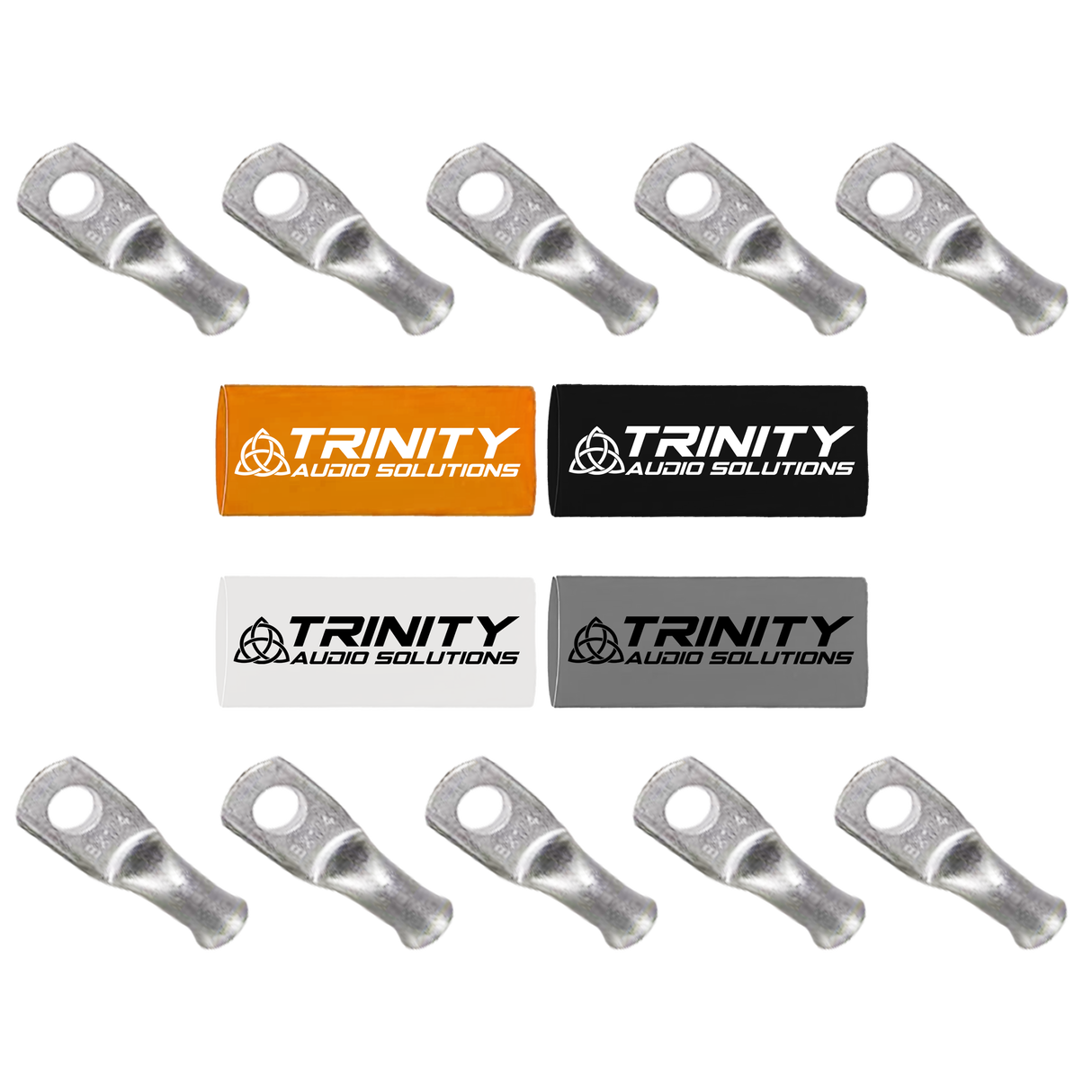 Trinity Audio Solutions 20-Pack 8 AWG Ring Terminals Silver Tinned 100% OFC Copper with Custom Trinity Heat Shrinks