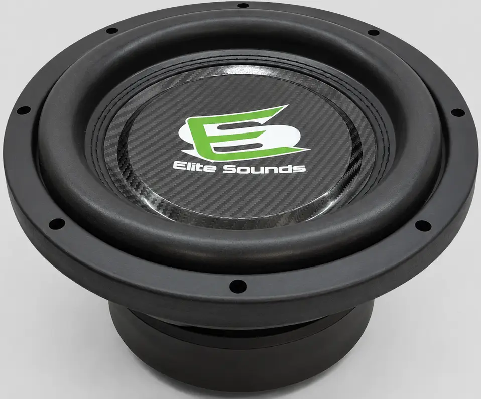 An Elite Sounds 10″ 1250 Watt Dual 4 Ohm Bagger Subwoofer by Elite Sounds, featuring a black design with a green, stylized E logo on its carbon-fiber-textured center, is viewed from above against a plain, light background.