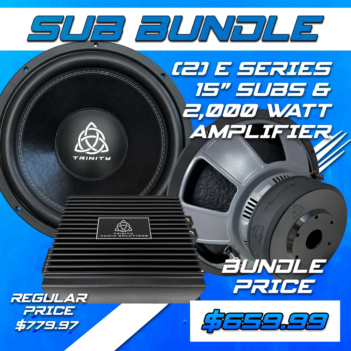 Trinity Audio Solutions Trinity Audio Dual E Series 15" Subwoofers & 2000.1v2 2,000 Watt Monoblock Amplifier - Car Audio