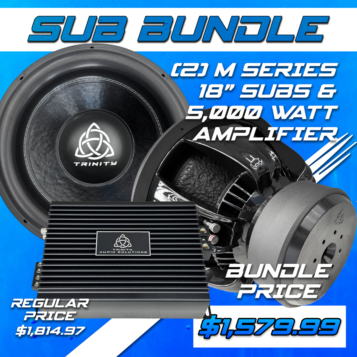 Trinity Audio Dual M Series 18" Subwoofers & 5000.1v2 5,000 Watt Monoblock Amplifier