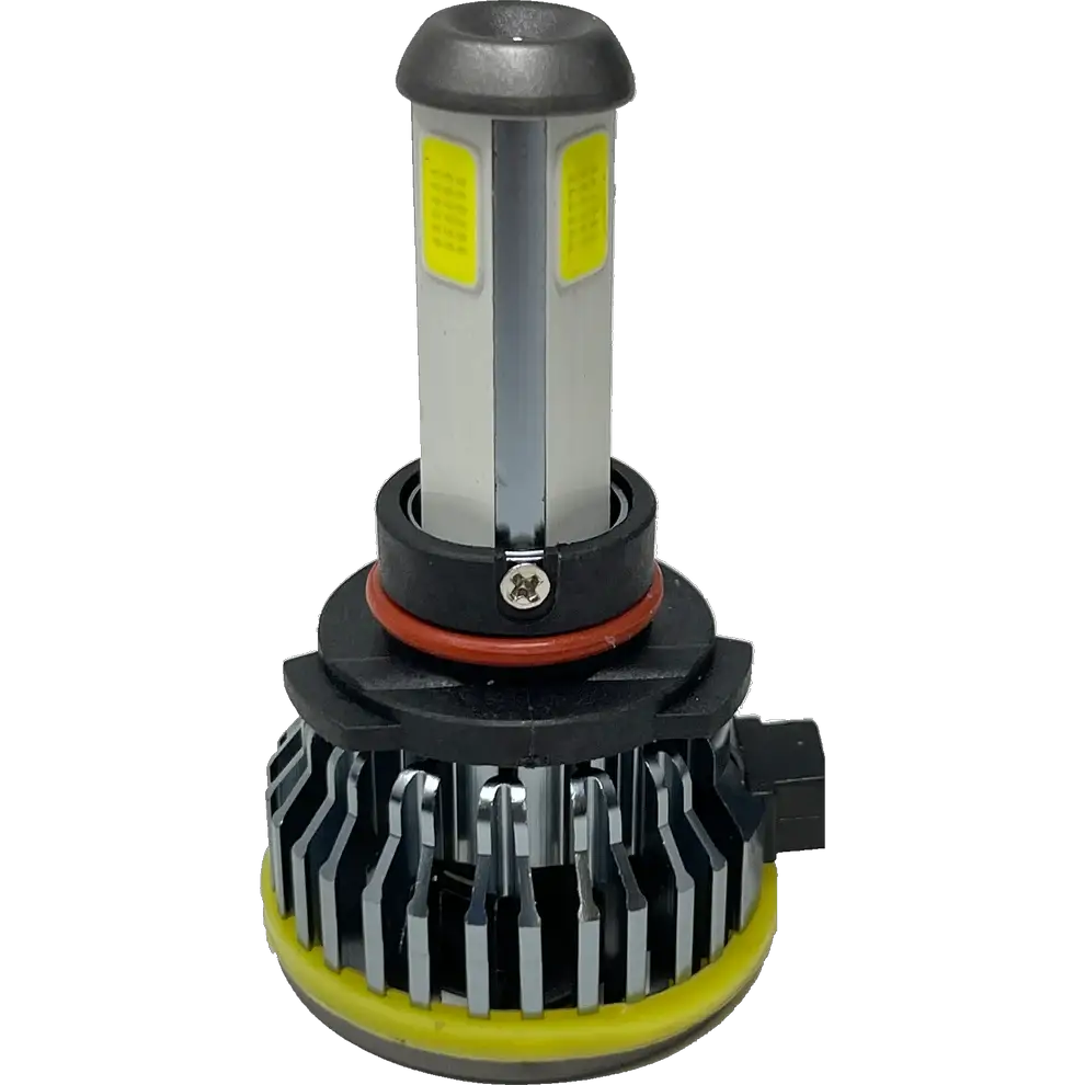 A close-up of a Lumi LUMI Stage 1 H10 LED Headlight Bulb featuring a metallic body, heat sink fins, a rubber gasket, and a connector at the base, engineered to deliver crisp 6000K white light with its powerful 40-watt LED.