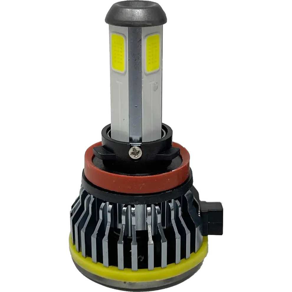 Lumi LUMI Stage 1 H11 LED headlight bulb featuring a cylindrical top with yellow LED chips on the sides, a metallic center accented with a red ring, and a black and silver heat sink base—presented against a white background. This high-performance 6000K, 40 Watt Lumi bulb delivers bright, efficient illumination for your vehicle.