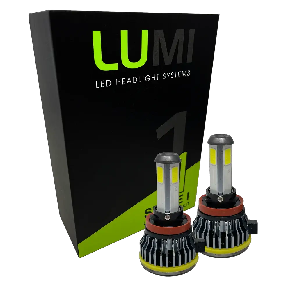 Two LUMI Stage 1 H11 LED Headlight Bulbs by Lumi, each delivering 40 watts of power with a sharp 6000K color temperature and advanced LED CANBUS compatibility, are displayed in front of a black and green box labeled “LUMI LED Headlight Systems.”.