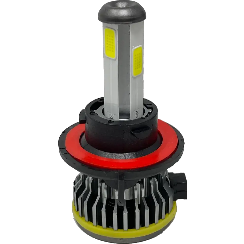 The Lumi LUMI Stage 1 H13 LED Headlight Bulb features a cylindrical design with metal cooling fins at the base, yellow light panels along the sides, and a distinctive red ring near the center. It comes equipped with a black electrical connector and utilizes CANBUS technology. This 40 Watt bulb emits a crisp 6000K light for enhanced visibility.