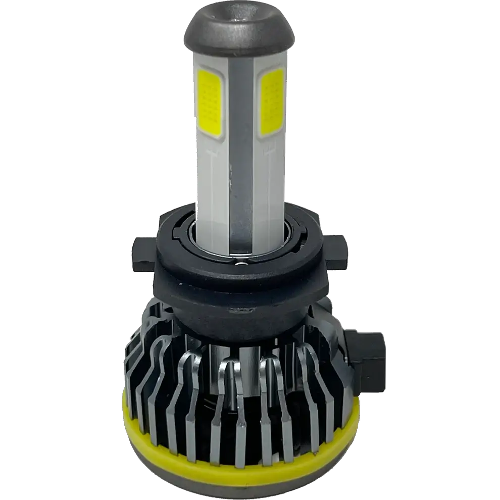 A close-up of a single Lumi LUMI Stage 1 H7 LED headlight bulb, featuring a metal base, yellow accents, and cooling fins, with 6800LM brightness and a 6000K color temperature, isolated on a white background.