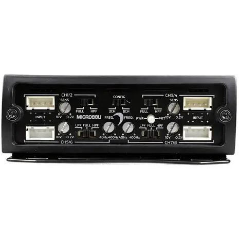 Close-up of the Diamond Audio MICRO88U 8-channel full range Class D amplifier panel in black, displaying its input, output, and configuration ports, as well as control knobs and switches for sensitivity, HPF, and LPF adjustments.