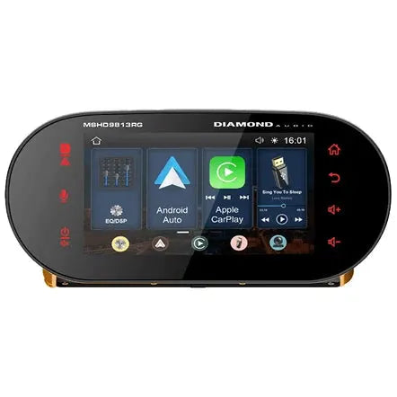 The Diamond Audio 1998-2013 Plug N-Play Digital Media Receiver for Harley Davidson® Road Glide (MSHD9813RG) features an oval-shaped, glossy black touchscreen display with icons for Android Auto, Apple CarPlay, music player, and settings. This Harley radio offers convenient touch buttons on the right and is perfectly designed to fit Road Glide models.