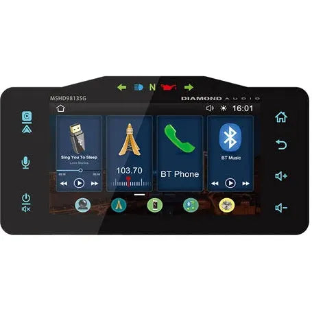 The Diamond Audio 1998-2013 Plug N-Play Digital Media Receiver for Harley Davidson® Street Glide (model MSHD9813SG) features a touchscreen display that presents music, navigation, FM radio, Bluetooth phone, and Bluetooth audio icons—plus seamless Apple CarPlay connectivity. Time and status indicators are shown at the top of the screen, while intuitive blue and green controls are positioned along the left and right edges, making it an excellent upgrade option for your Harley Davidson radio.