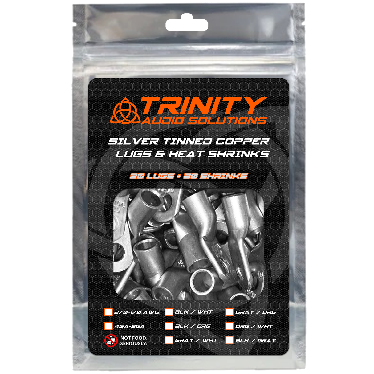 Trinity Audio Solutions 20-Pack 2/0 Ring Terminals Silver Tinned 100% OFC Copper with Custom Trinity Heat Shrinks