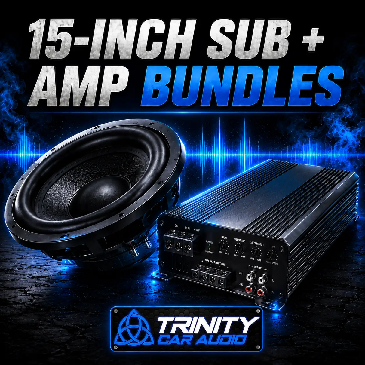 Trinity Car Audio Single 15" Subwoofer + Amplifier Bundles - Car Audio