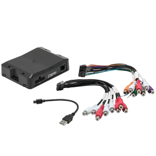 A Rockford Fosgate 8-Channel Interactive Signal Processor with Integrated iDatalink Maestro Module (DSR1), shown in black, is displayed alongside a USB cable and multiple colorful audio and power cables with assorted connectors, all arranged on a white background.