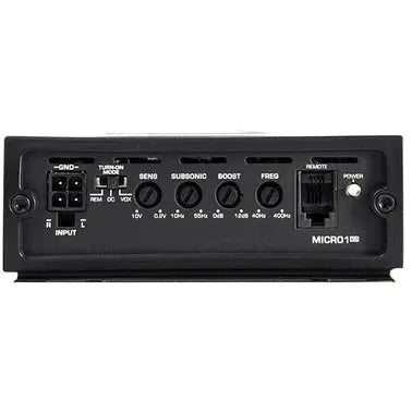 A close-up of the Diamond Audio 1-Channel MICROV2 Series Monoblock Class D Amplifier (MICRO1V2) panel shows input and power connections, control knobs for sensitivity, subsonic, boost, frequency adjustments, a remote port, and a power switch.