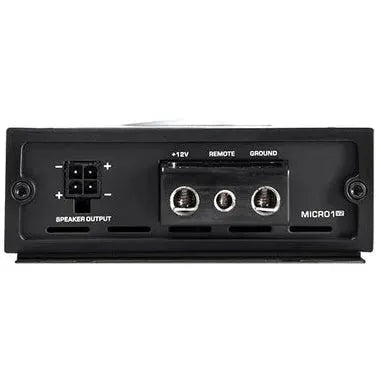 The image displays the rear view of the Diamond Audio 1-Channel MICROV2 Series Monoblock Class D Amplifier (MICRO1V2), highlighting the labeled ports: speaker output, +12V, remote, and ground, as well as screw terminals and a connector.