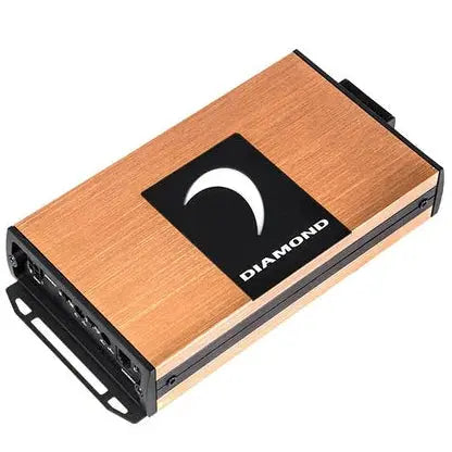 Featuring a rectangular design with a wood-grain finish, black edges, and a black label adorned with a white crescent and the word “DIAMOND” in white text, the Diamond Audio 2-Channel MICROV2 Series Full Range Class D Amplifier (MICRO2V2) is a compact car audio amplifier from Diamond Audio.