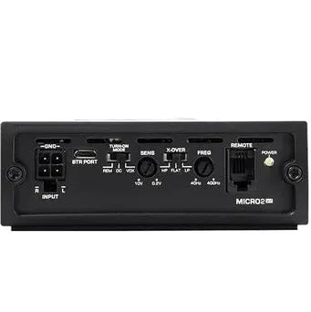 Front view of the Diamond Audio 2-Channel MICROV2 Series Full Range Class D Amplifier (MICRO2V2) displaying input ports, adjustment knobs for sensitivity, crossover, and frequency, along with various setting switches. The panel is clearly labeled with the model name MICRO2V2.
