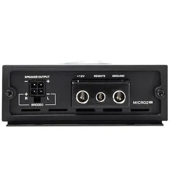 Rear view of a Diamond Audio 2-Channel MICROV2 Series Full Range Class D Amplifier (MICRO2V2), a compact car audio amplifier, showing speaker output terminals as well as power, remote, and ground input connections.
