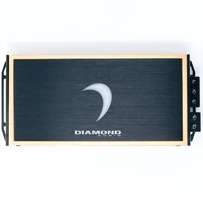 The Diamond Audio MICRO81U Monoblock Class D Subwoofer Amplifier features a sleek black and gold design with a crescent-shaped logo prominently displayed in the center and “DIAMOND AUDIO” text beneath it. Connection terminals are positioned on the right side, highlighting both its stylish appearance and efficiency for high-performance audio setups from Diamond Audio.