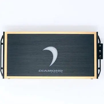 The Diamond Audio MICRO84U 4-Channel Full Range Class D Amplifier is a rectangular black and gold electronic device featuring a crescent-shaped logo and “DIAMOND audio” text on its front panel when viewed from above. Designed by Diamond Audio for marine audio applications, this amplifier delivers both stylish aesthetics and robust performance.