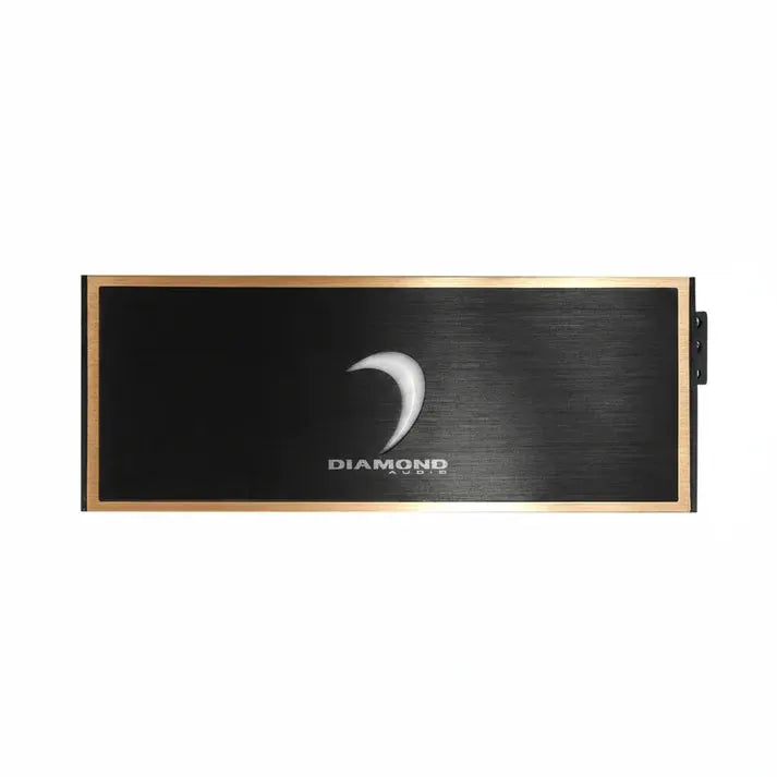 Rectangular black and gold electronic device with a metallic finish, featuring a crescent-shaped logo and the word DIAMOND in the center, this 8-channel amplifier delivers exceptional sound quality and power.