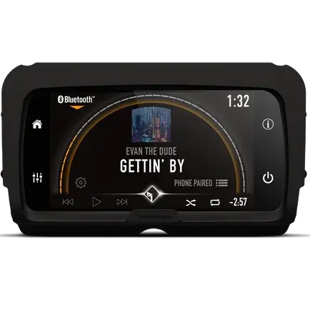 A Rockford Fosgate Infotainment Source Unit for Select 2014-2023 Harley-Davidson Models (PMX-HD14) displays a song titled “GETTIN BY” by Evan The Dude playing via Bluetooth, featuring album art, playback controls, and a time progress bar at 1:32. Enjoy seamless plug-and-play installation and effortless connectivity—just like setting up Apple CarPlay or upgrading your motorcycle’s audio system with Rockford Fosgate.
