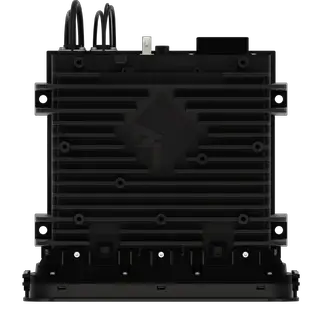 The Rockford Fosgate Infotainment Source Unit for Select 2014-2023 Harley-Davidson Models PMX-HD14 is a black electronic device designed by Rockford Fosgate for plug-and-play installation, featuring multiple cables and connectors on the top, shown from the front against a light background.