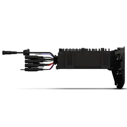Side view of the Rockford Fosgate Infotainment Source Unit for Select 2014-2023 Harley-Davidson Models PMX-HD14, a black electronic device by Rockford Fosgate with multiple cables connected to one end, designed for easy plug-and-play installation as part of a motorcycle audio system, shown against a plain light background.