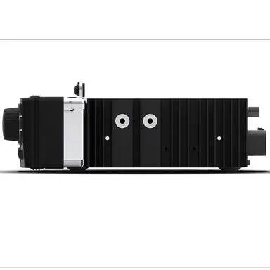 A side view of the Rockford Fosgate PMX-HD9813 Digital Media Receiver for select 1998-2013 Harley-Davidson models is shown against a white background. This black and silver rectangular device by Rockford Fosgate features a lens on one end, ridged detailing along its body, and offers effortless plug and play installation.