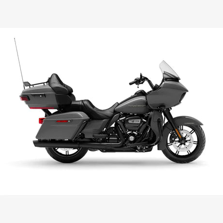 A black Harley-Davidson touring motorcycle with saddlebags, large front fairing, and chrome accents, viewed from the side on a white background.