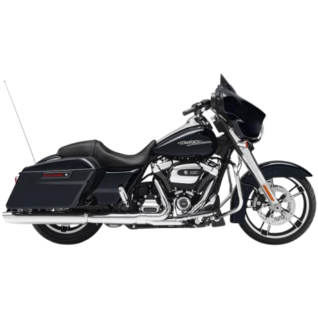 A black Harley-Davidson touring motorcycle with saddlebags, large front fairing, and chrome accents, viewed from the side on a white background.