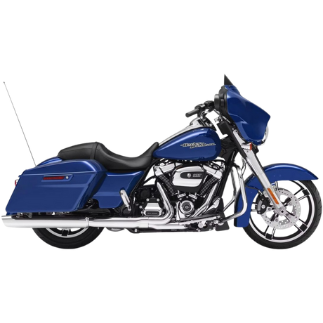A blue Harley-Davidson touring motorcycle with black seat, chrome accents, saddlebags, and a front fairing, shown in profile on a white background.