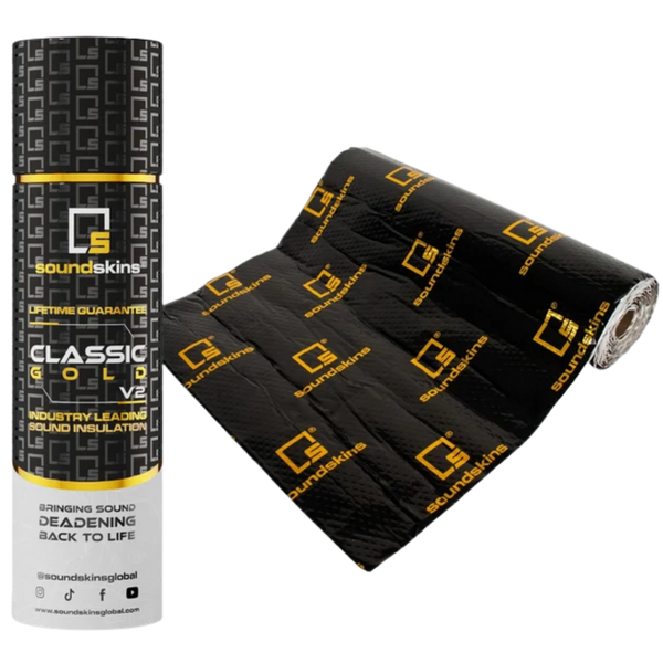 A rolled sheet and roll of Soundskins Classic sound insulation, mainly black with orange logos and text, designed for automotive or industrial use.