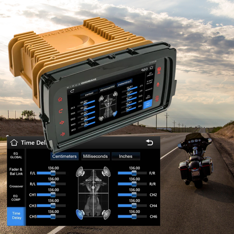 A tan electronic device with a touchscreen shows audio settings, overlaid on a road scene with a parked motorcycle and a digital interface displaying detailed sound adjustment options.