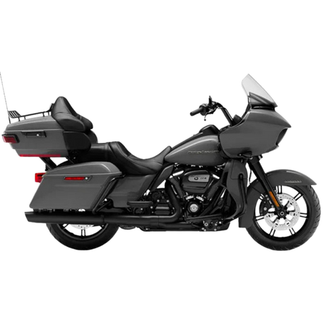 A black Harley-Davidson touring motorcycle with saddlebags, large front fairing, and chrome accents, viewed from the side on a white background.