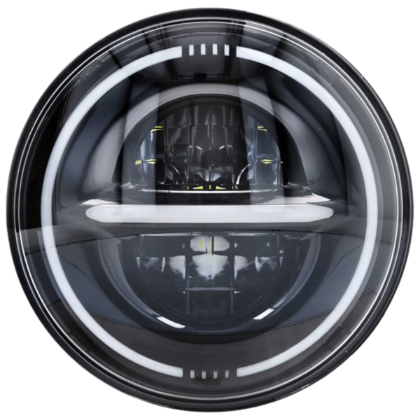 Close-up of a round, modern LED headlight with a clear lens, white circular daytime running light, and intricate geometric interior design, isolated on a white background.