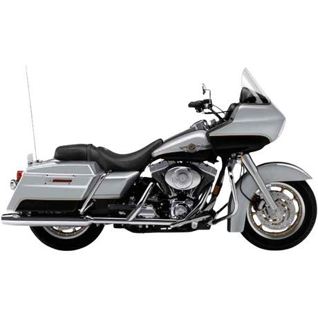 A silver touring motorcycle with a windshield, side saddlebags, and a black seat, viewed from the left side against a white background.