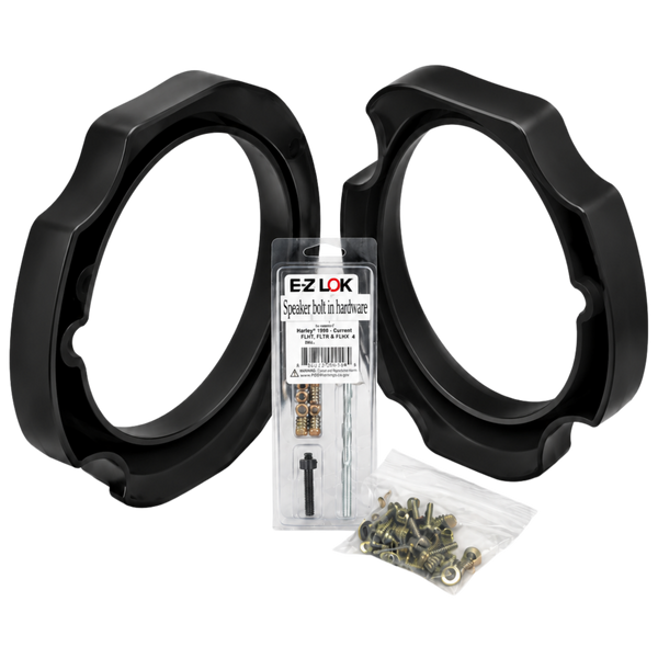 Two black circular speaker rings, a bag of screws, and an EZ LOK speaker bolt kit with hardware, drill bits, and inserts, all displayed on a white background.