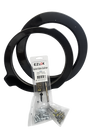 Two black circular Nagy’s Customs Harley Davidson 2014+ Saddle Bag 10″ Cut-In Rings, along with a packet of EZ Lok speaker bolt-in hardware, screws, and T-nuts, are displayed on a white background—ideal components for installing a 10 inch speaker adapter or saddle bag speaker mount setup.