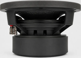 A close-up side view of the Elite Sounds 10″ 1250 Watt Dual 4 Ohm Bagger Subwoofer, highlighting its black frame, magnet, and red/black wiring terminals against a plain light background.